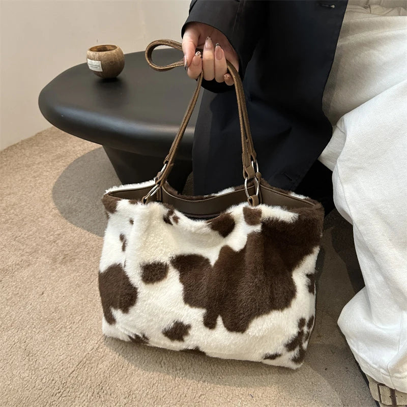 Borsa in Ecopelliccia Donna Animalier Mucca – Grande Capacità a spalla