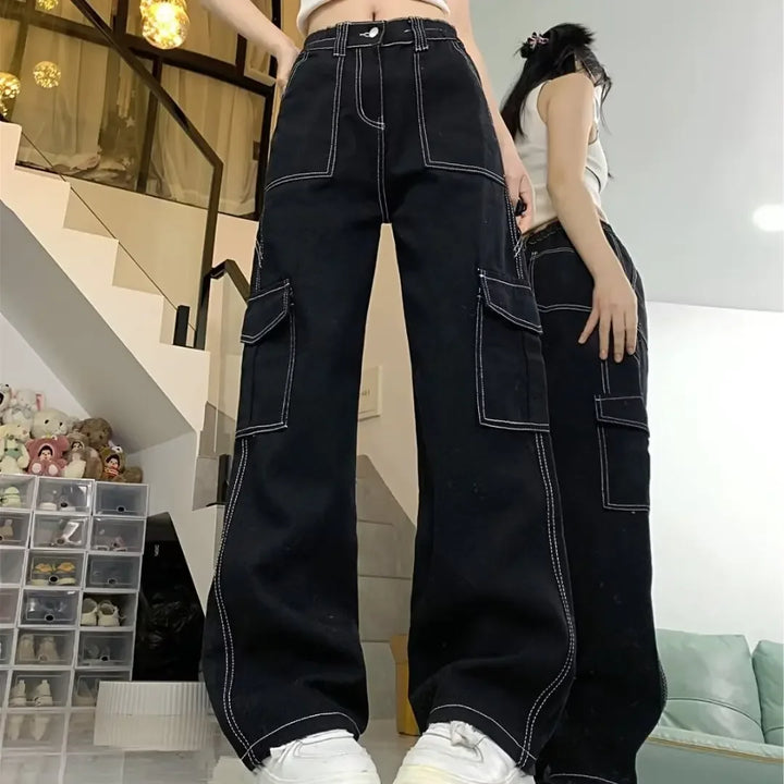 Jeans donna vita alta – Straight / loose fit a gamba dritta, cargo stile, effetto snellente per primavera/autunno