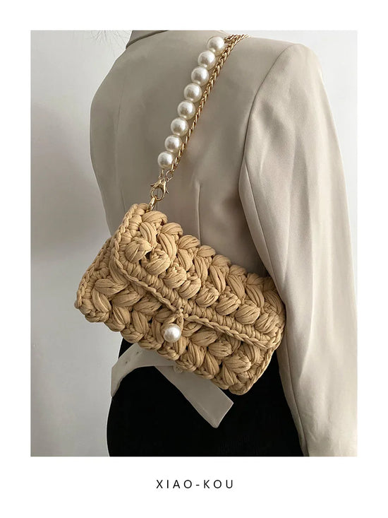 Borsa Donna Crochet a Spalla Uncinetto con Perle e Catena – Design Crossbody