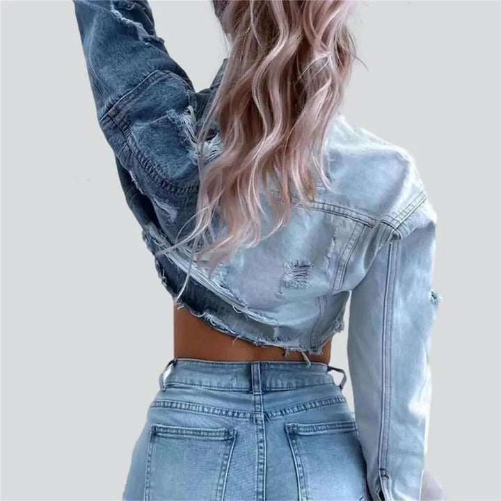 Giacca crop in denim donna vintage con tagli – giacca cortissima streetwear con tasche autunno 2025