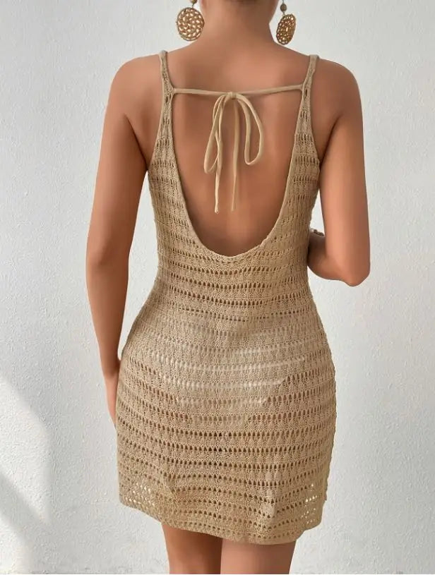 Copricostume Donna Traforato Effetto Maglia – Mini Abito Mare Schiena Scoperta