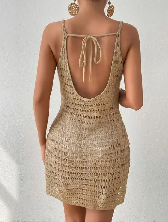 Copricostume Donna Traforato Effetto Maglia – Mini Abito Mare Schiena Scoperta