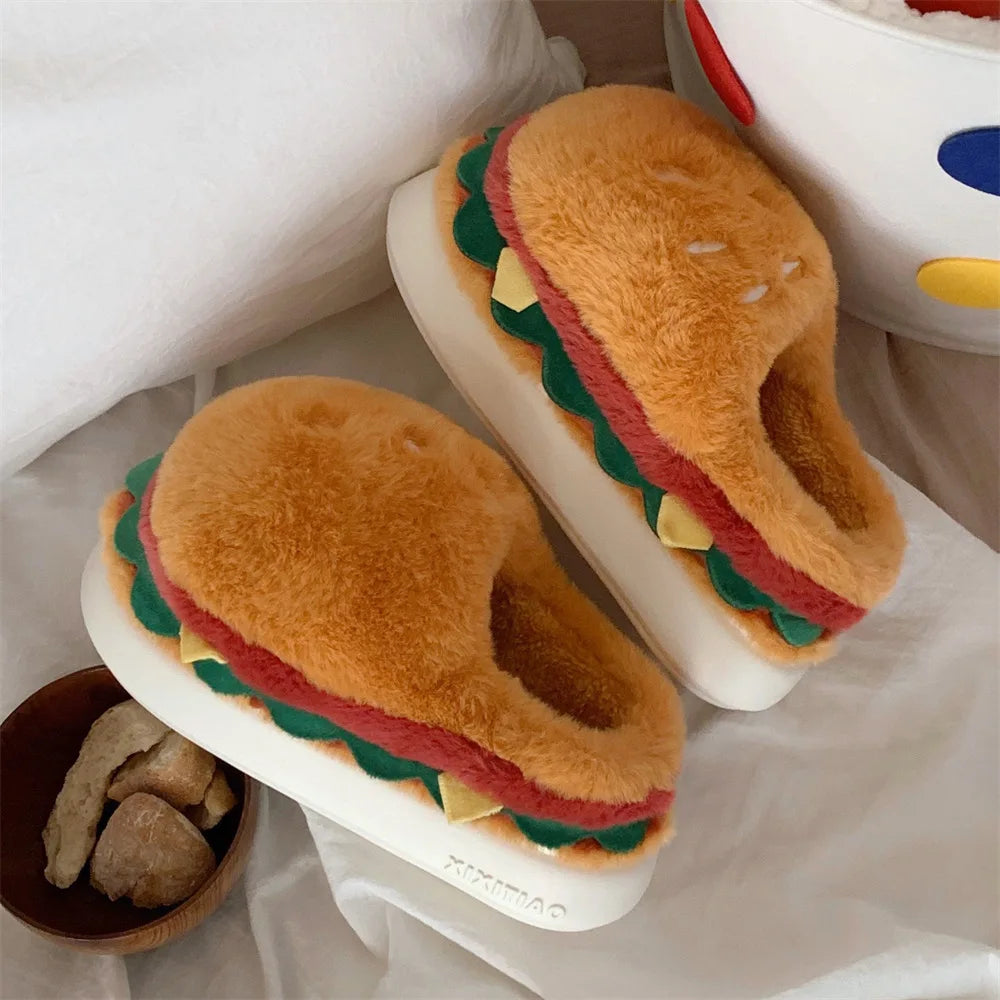 2026 new style autumn and winter fun home cotton slippers couple cute hamburger full-covered heel fuzzy shoes warm men and women