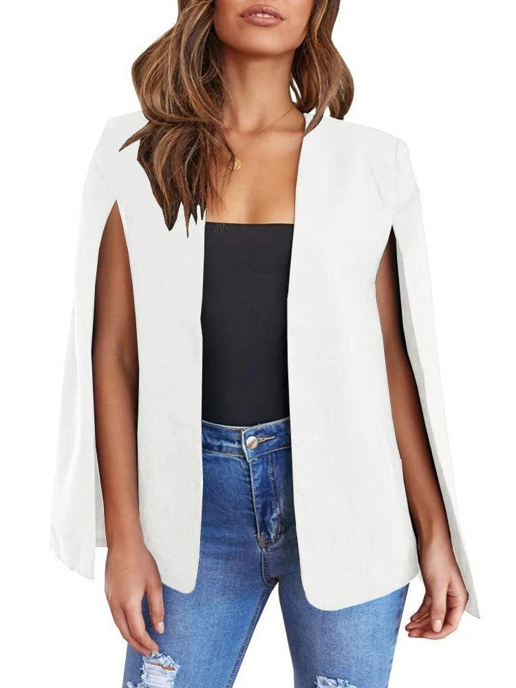 Giacca blazer donna senza colletto stile mantella – giacca da ufficio casual autunno primavera con maniche a mantella e collo aperto