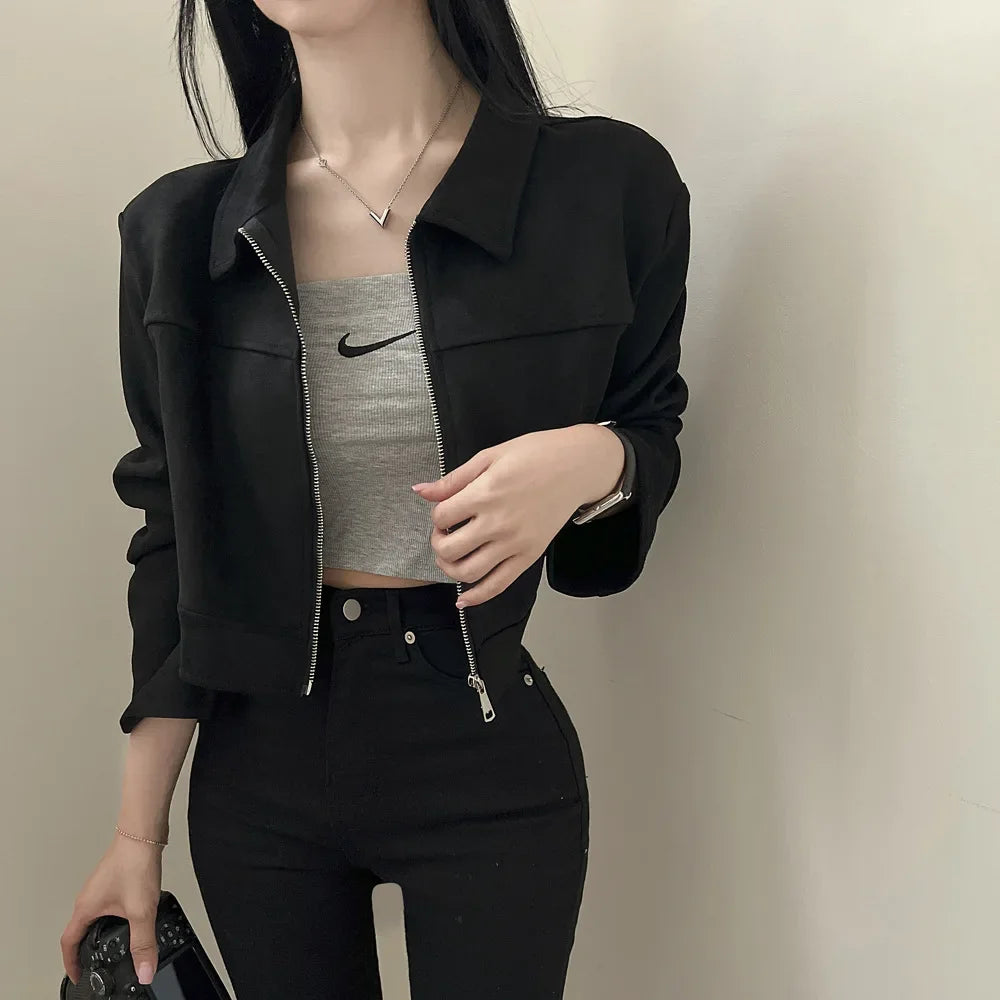 Giacca in pelle donna stile vintage – Giubbotto corto con zip, collo alla coreana, taglio slim fit, versatile e alla moda