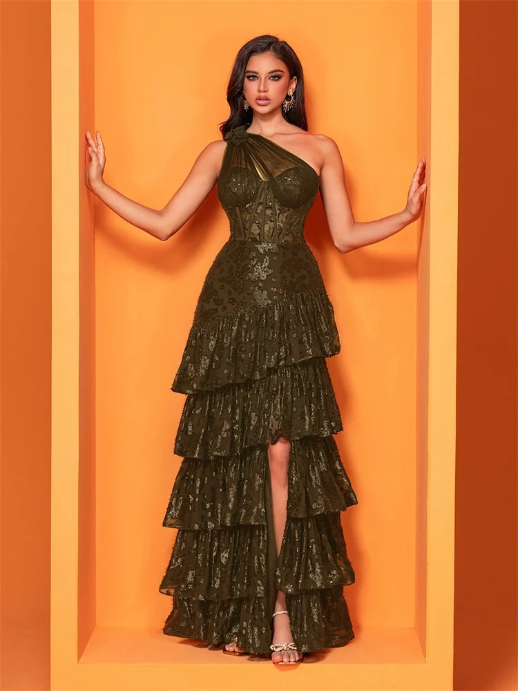 abito lungo elegante donna spacco laterale paillettes cerimonia