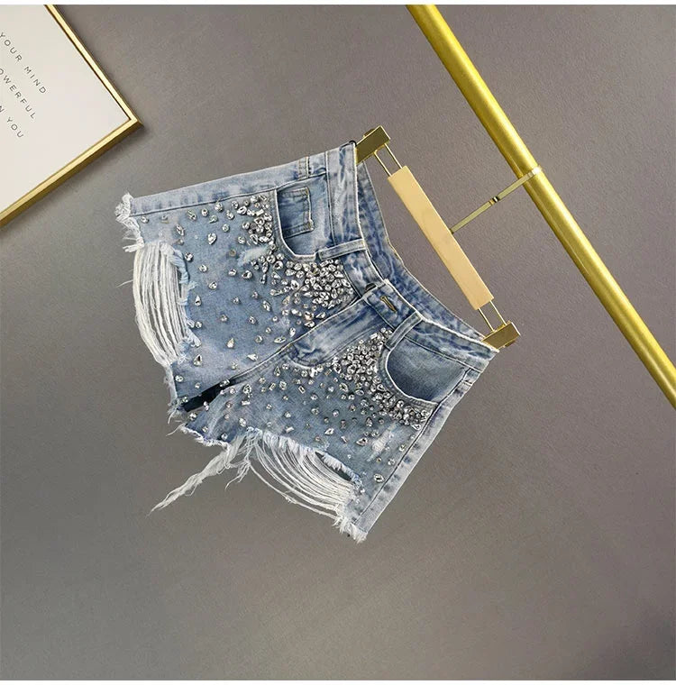 Shorts jeans donna Y2K vita alta con strass e frange – Primavera 2025