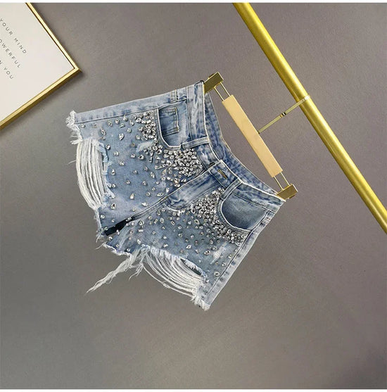 Shorts jeans donna Y2K vita alta con strass e frange – Primavera 2025