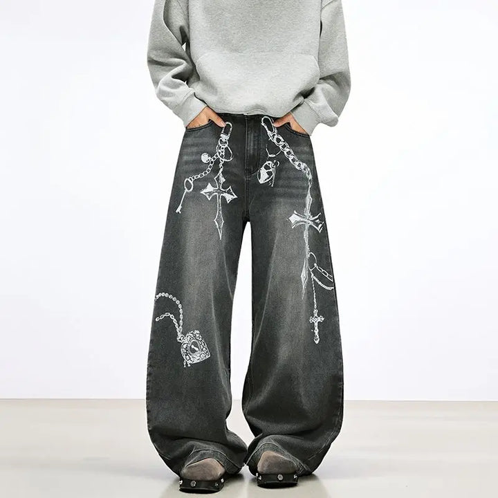 Jeans Baggy Unisex Neri con Stampa a Croce - immagine 2