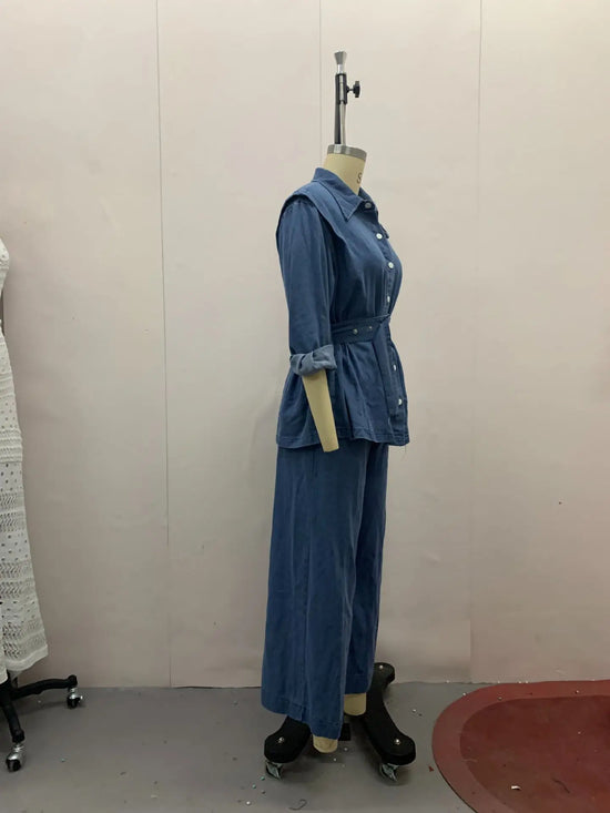 Tuta denim donna 2025 – giacca lunga a maniche lunghe + pantaloni a gamba ampia di alta qualità, stile autunnale