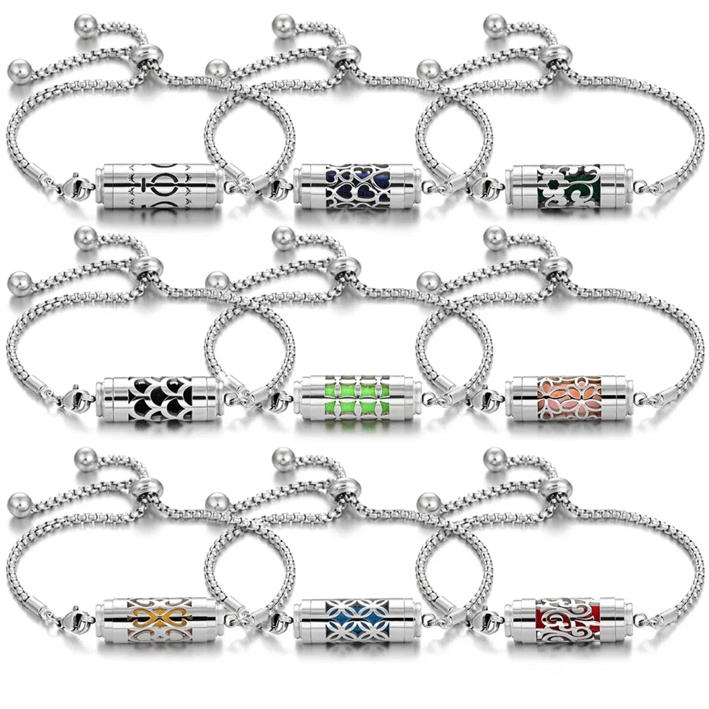 Bracciale diffusore aromaterapia argento in acciaio inox – Ciondolo profumato regolabile per oli essenziali