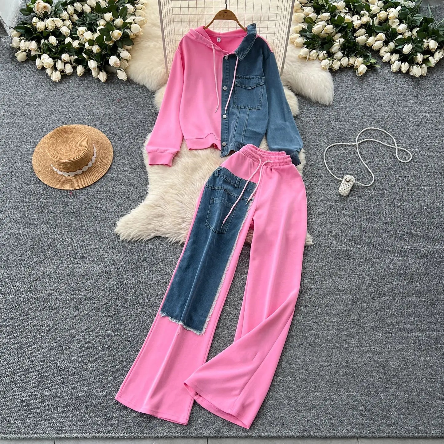 Set denim donna 2025 – completo felpa con cappuccio + pantaloni larghi elasticizzati, co-ord casual trendy