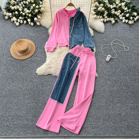 Set denim donna 2025 – completo felpa con cappuccio + pantaloni larghi elasticizzati, co-ord casual trendy