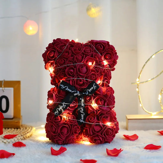 Orsetto di Rose Artificiali 25 cm con Scatola – Regalo Romantico San Valentino