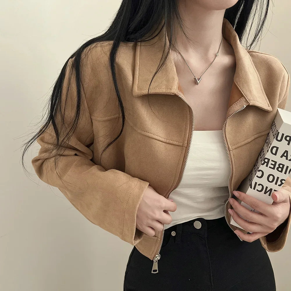 Giacca in pelle donna stile vintage – Giubbotto corto con zip, collo alla coreana, taglio slim fit, versatile e alla moda