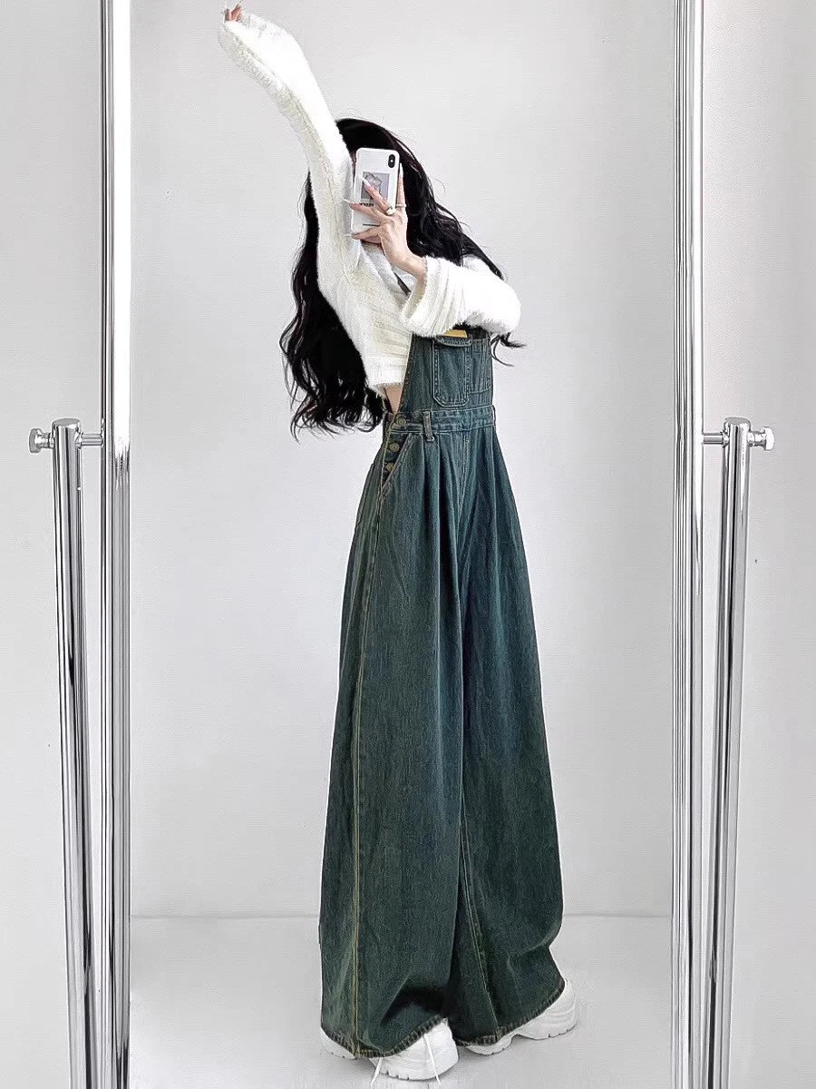 Tuta donna denim verde wash anni ’90 – wide-leg oversize stile Y2K, salopette casual elegante