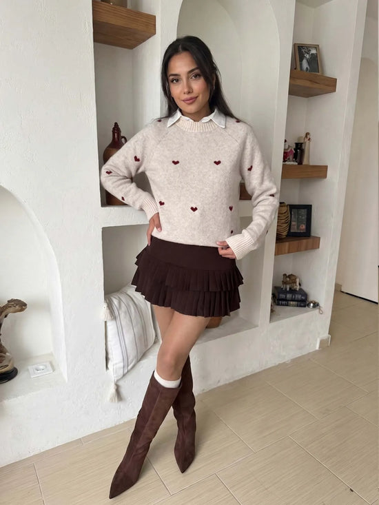 Maglione donna con cuori jacquard e maniche raglan