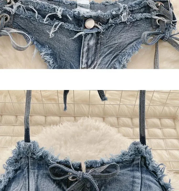 Set bikini donna 2025 con top bra e shorts a vita alta in denim