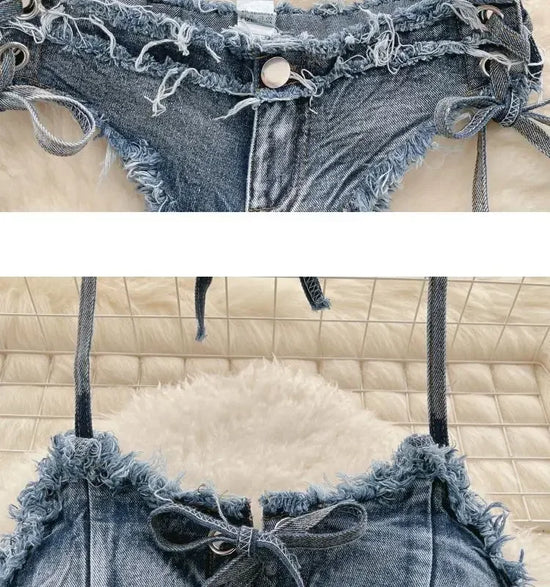 Set bikini donna 2025 con top bra e shorts a vita alta in denim