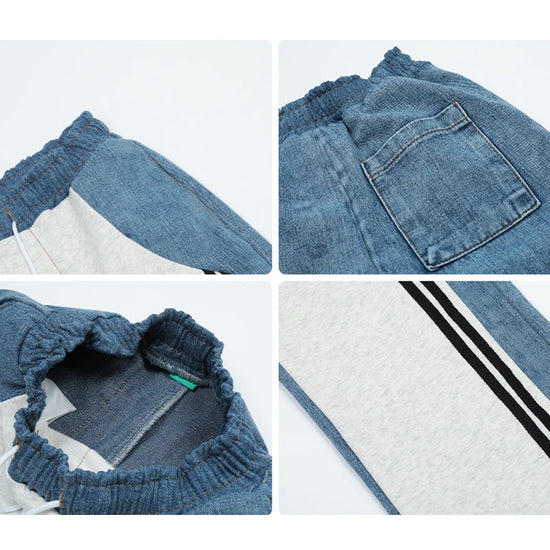 Pantaloni wide leg spliced donna – modello vita alta elasticizzata con tasche a contrasto, pantaloni larghi casual