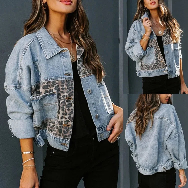 Giacca in denim donna con splicing leopardo – stile oversize 2025, maniche lunghe, collo classico