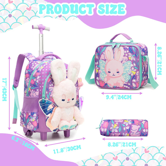 Girls 3D Plush Cat Rolling Backpack 3PCS Set - Waterproof Trolley School Bag with Wheels, Insulated Lunch Bag and Pencil Pouch -