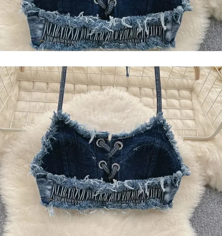 Set bikini donna 2025 con top bra e shorts a vita alta in denim