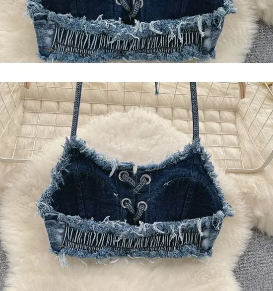 Set bikini donna 2025 con top bra e shorts a vita alta in denim