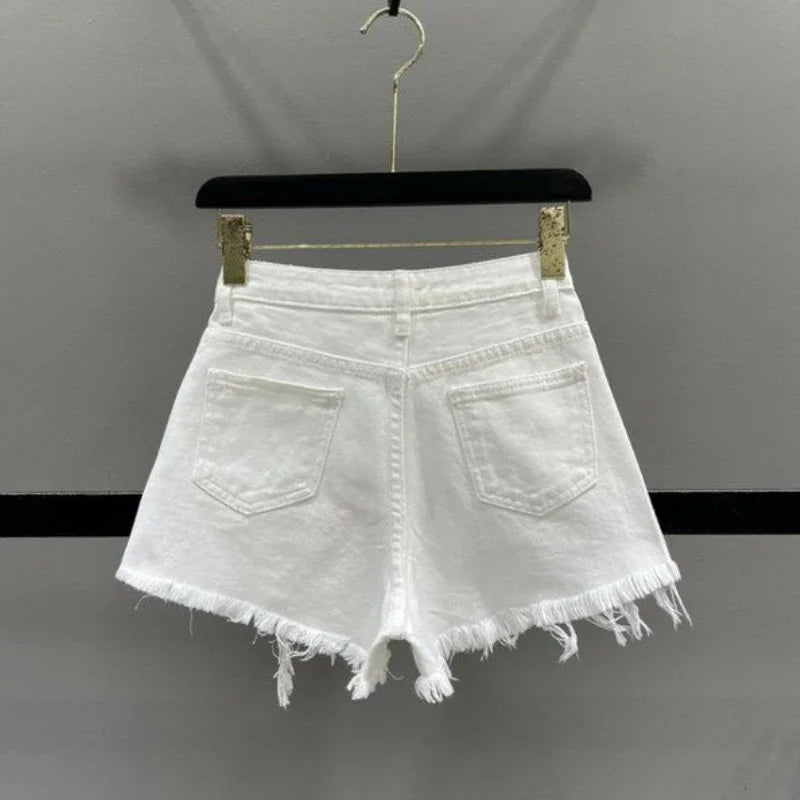Shorts jeans donna strappati con strass – Vita alta estate 2025