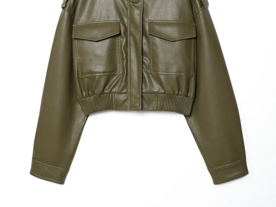 Giacca Bomber Donna Corta Effetto Pelle con Zip e Collo Alto