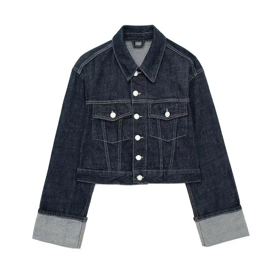 Giacca denim donna vintage 2025 – trench single-breasted con rever a collo, tasche & manica lunga blu scuro
