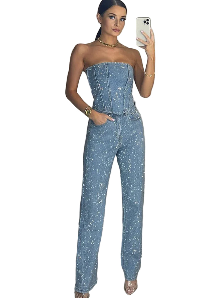 Set denim con paillettes da donna – Gilet crop + jeans vita alta con zip, outfit street style 2025