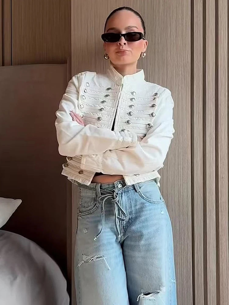 Giacca Corta Donna Vintage con Collo Tondo e Bottoni