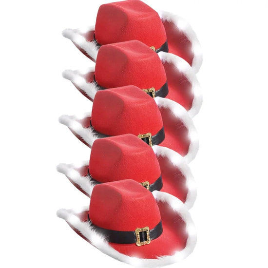 Cappello cowboy “Babbo Natale” rosso in feltro con tesa larga – floccato, unisex per festa western natalizia 2025