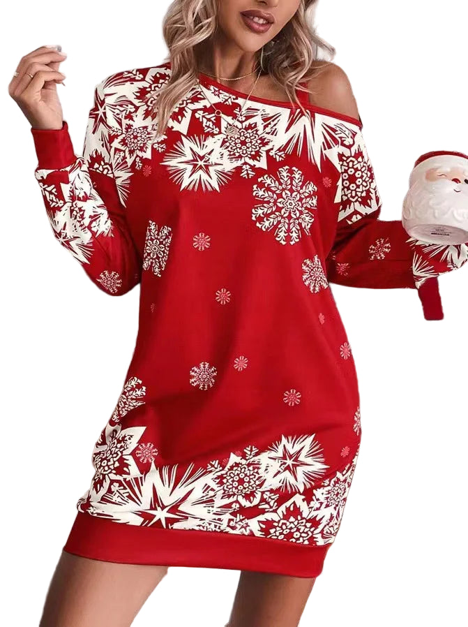 Abito donna autunno-inverno 2025 con stampa fiocchi di neve – mini dress manica lunga off-shoulder festa