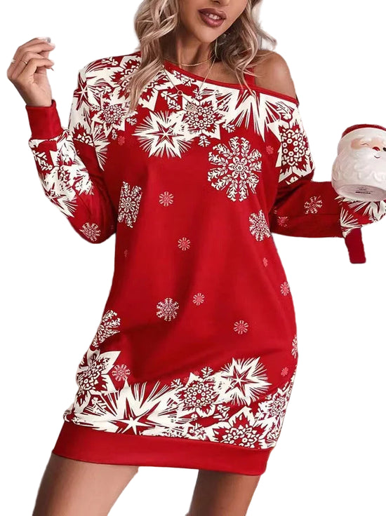 Abito donna autunno-inverno 2025 con stampa fiocchi di neve – mini dress manica lunga off-shoulder festa