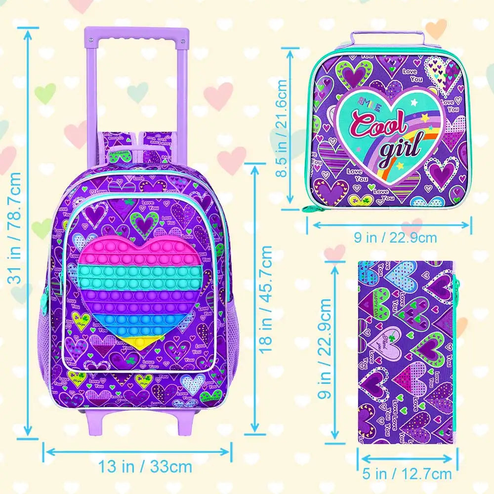 3PCS Rolling Backpack for Girls, Kids Roller Wheels Bookbag, Wheeled School Bag with Lunch Bag - Heart Purple