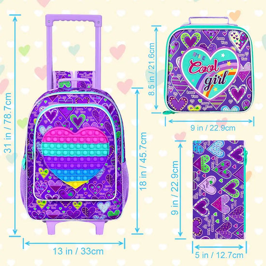 3PCS Rolling Backpack for Girls, Kids Roller Wheels Bookbag, Wheeled School Bag with Lunch Bag - Heart Purple