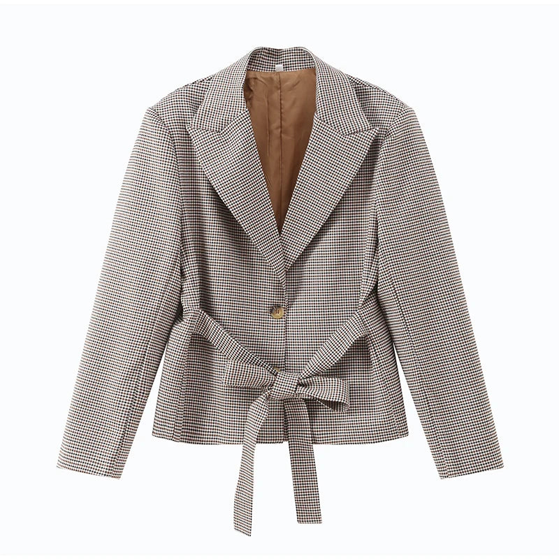 Completo donna giacca e shorts a quadri con cintura
