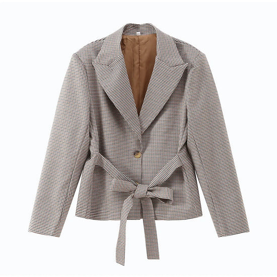 Completo donna giacca e shorts a quadri con cintura