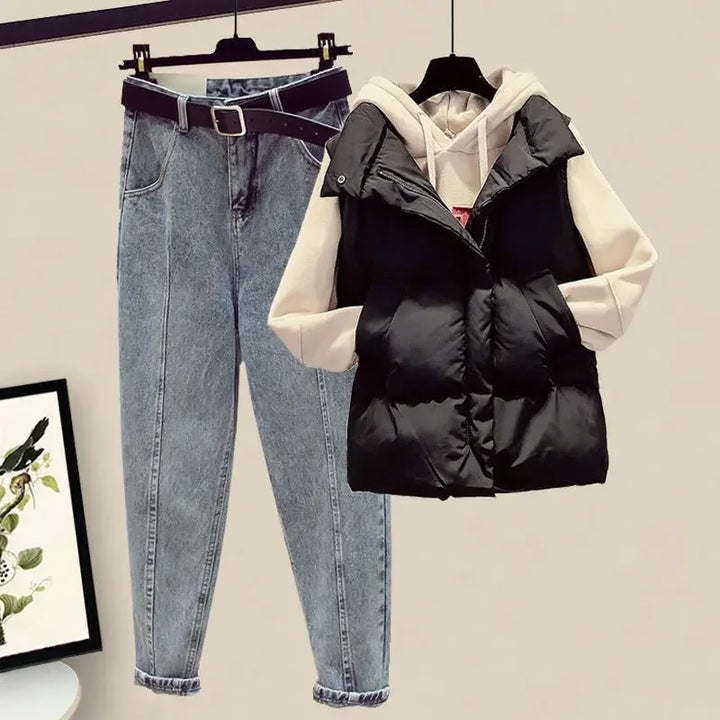 Set 3 pezzi donna: gilet corto in jeans, pantaloni e cintura – look versatile per autunno/inverno 2025