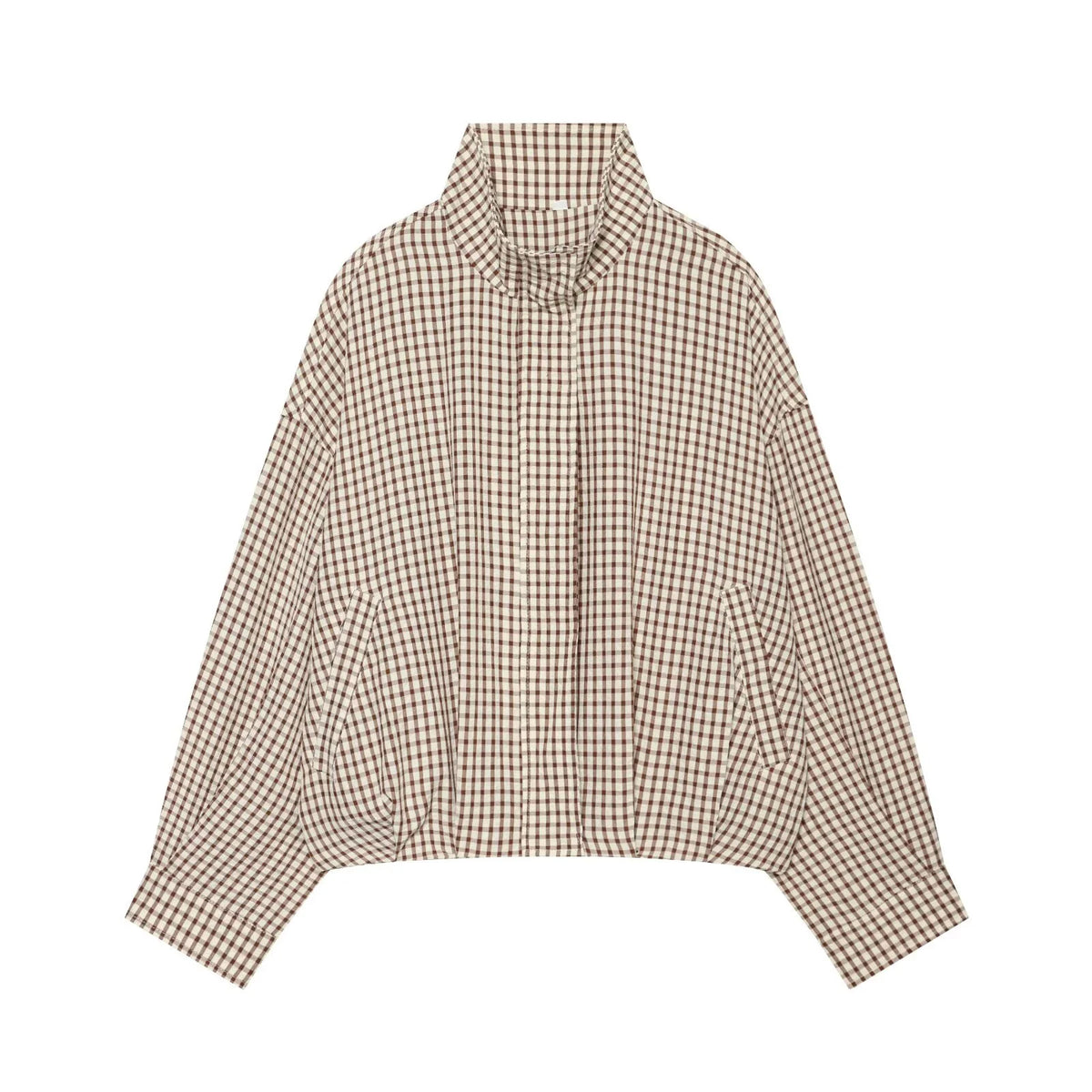 Giacca donna a quadri con collo alto e zip - Quadri marroni (brown plaid)