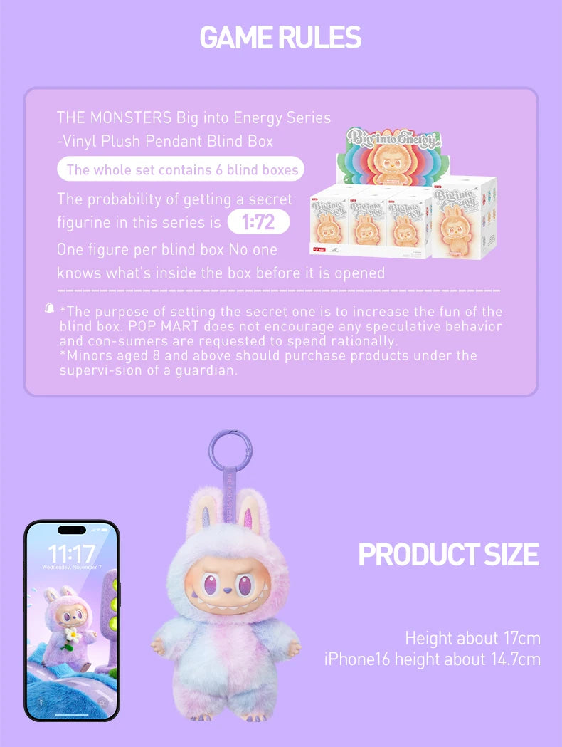 POP MART The Monsters Big Into Energy – Vinil / peluche pendant blind box, collezione limitata, altezza 17 cm