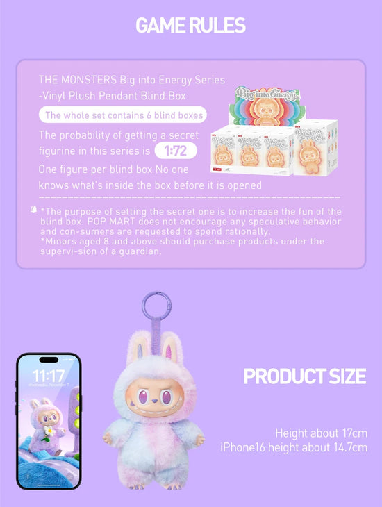 POP MART The Monsters Big Into Energy – Vinil / peluche pendant blind box, collezione limitata, altezza 17 cm