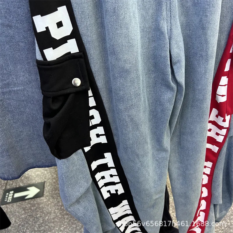 Completo Donna 2 Pezzi Denim Patchwork – Camicia Lunga + Jeans Vita Elastica Street Stylewo-Piece Set Letter Splicing