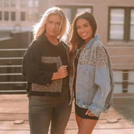 Giacca in denim donna con splicing leopardo – stile oversize 2025, maniche lunghe, collo classico