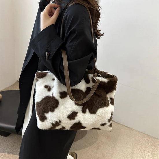 Borsa in Ecopelliccia Donna Animalier Mucca – Grande Capacità a spalla