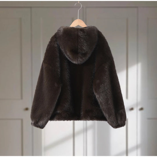 Felpa donna effetto pelliccia marrone con cappuccio