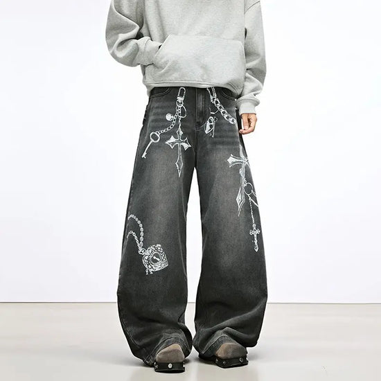 Jeans Baggy Unisex Neri con Stampa a Croce - immagine 3