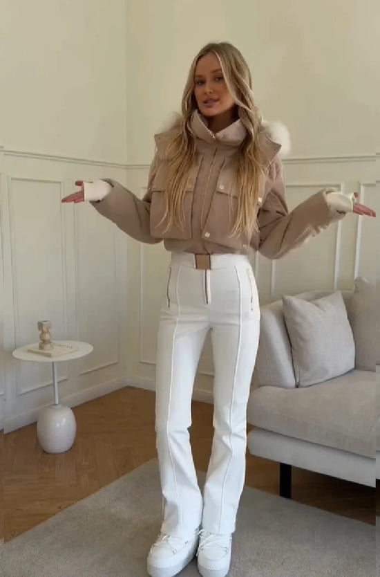Tuta intera donna imbottita con cappuccio e pantaloni a zampa - Beige